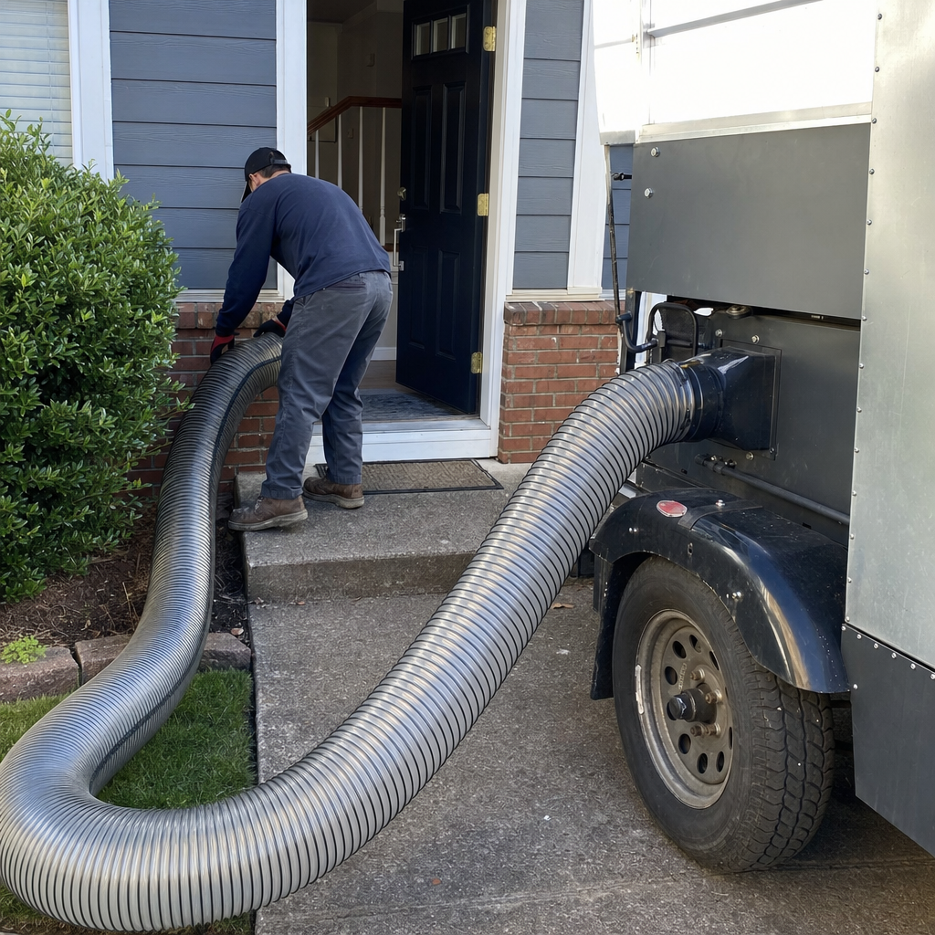Professional technician performing residential air duct cleaning service with industrial vacuum in Mill Plain, WA