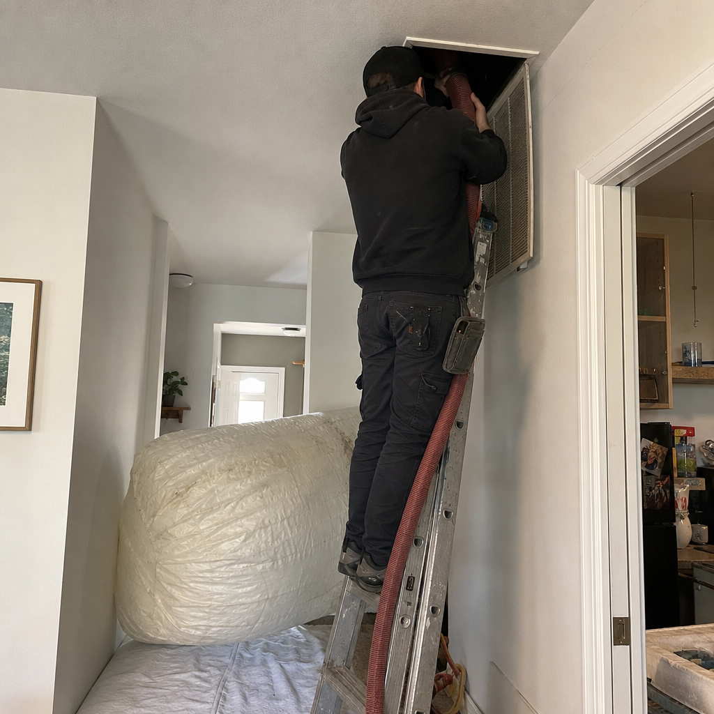 Professional air duct cleaning technician cleaning residential ventilation system in Mill Plain, WA
