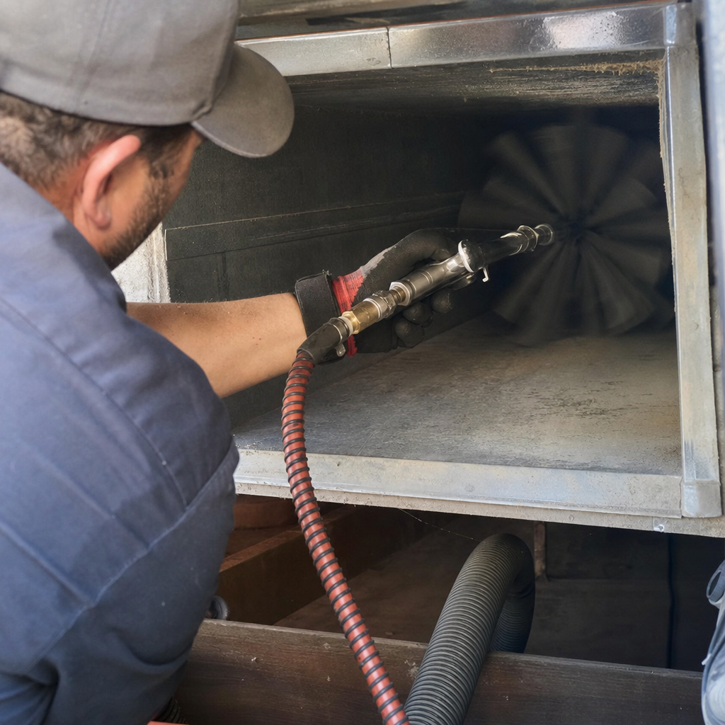 Technician using a rotating brush tool for residential air duct cleaning