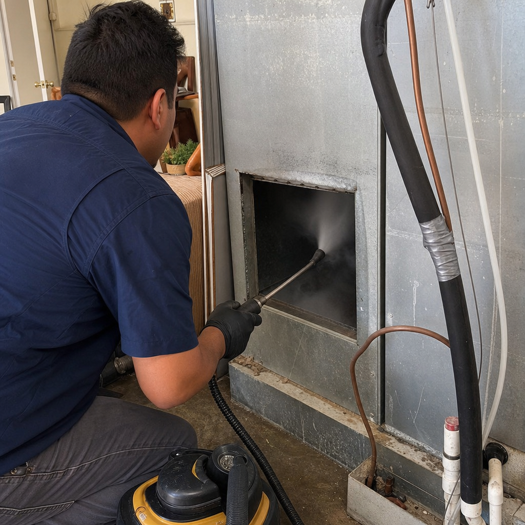 Technician using professional equipment for air duct cleaning and sanitization services in Vancouver, WA
