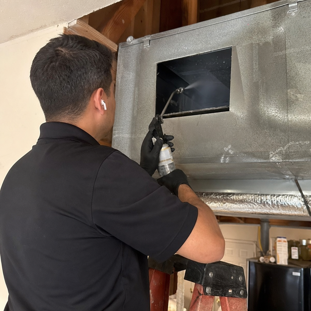 Professional HVAC technician performing air duct sanitizing and air quality cleaning in Vancouver, WA