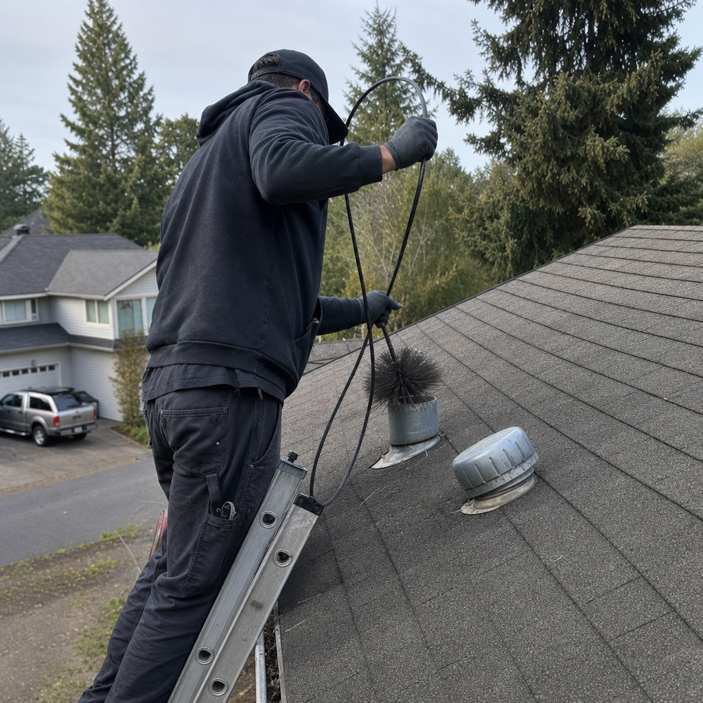Technician using professional brush tool to clean residential dryer vent in Vancouver, WA