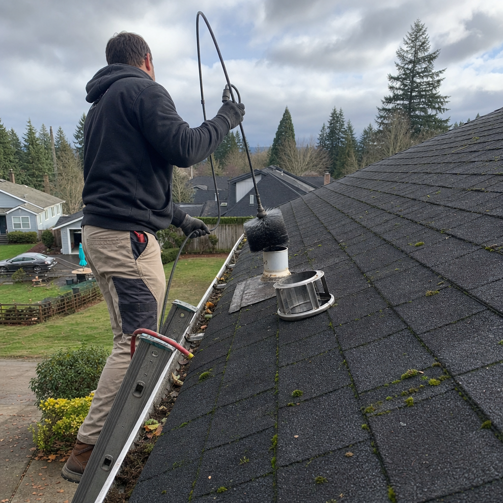 Technician performing professional dryer vent cleaning on a residential roof in Vancouver, WA
