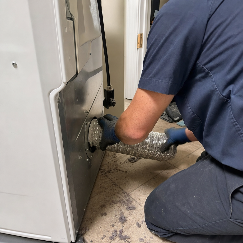 Technician performing professional dryer vent cleaning service on clothes dryer.