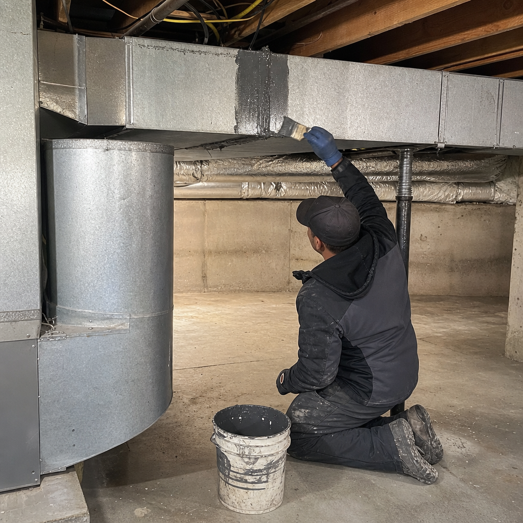 HVAC technician applying mastic sealant to residential metal ductwork seams in Vancouver, WA