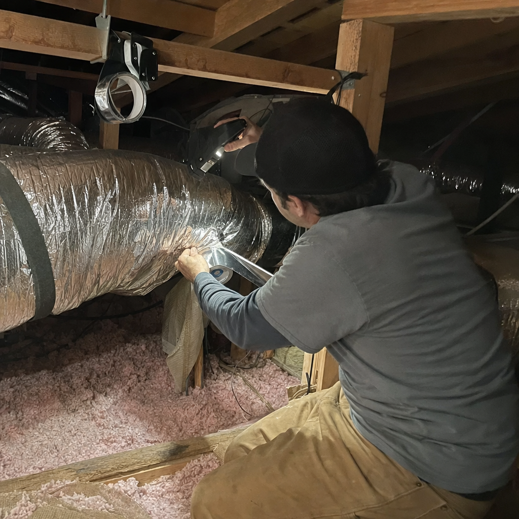 Technician performing professional air duct repair and sealing in an attic. in Vancouver, WA