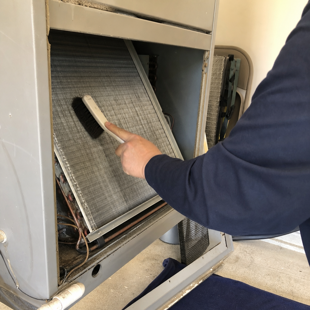 Technician using a brush to clean HVAC air conditioning unit coils. in Cedar Hills, OR
