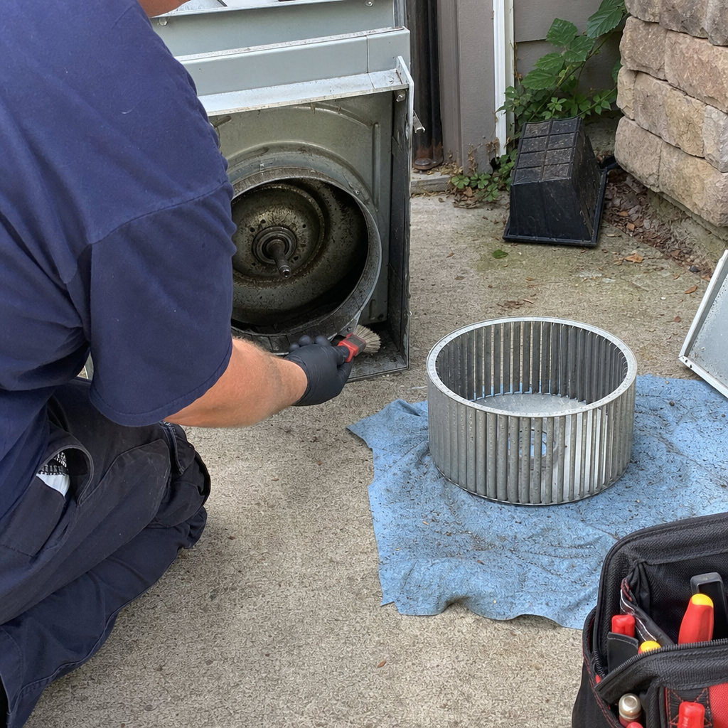 HVAC technician cleaning the blower assembly of an air conditioning unit in Cedar Hills, OR