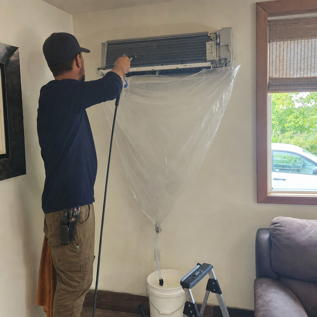 Technician performing professional mini-split HVAC system cleaning and maintenance